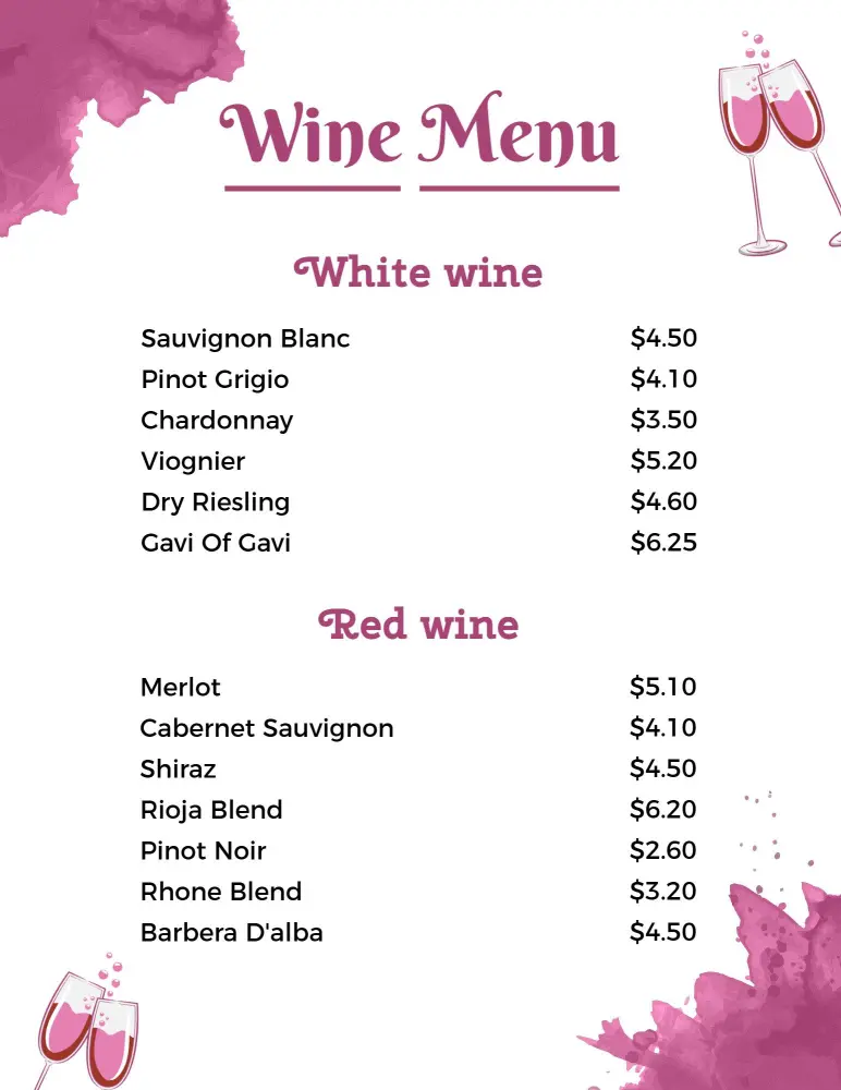 Artistic Pink Wine Glass Themed Beverage Menu Template