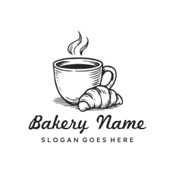 Artistic Sketch of Coffee Cup and Croissant Bakery Logo Template