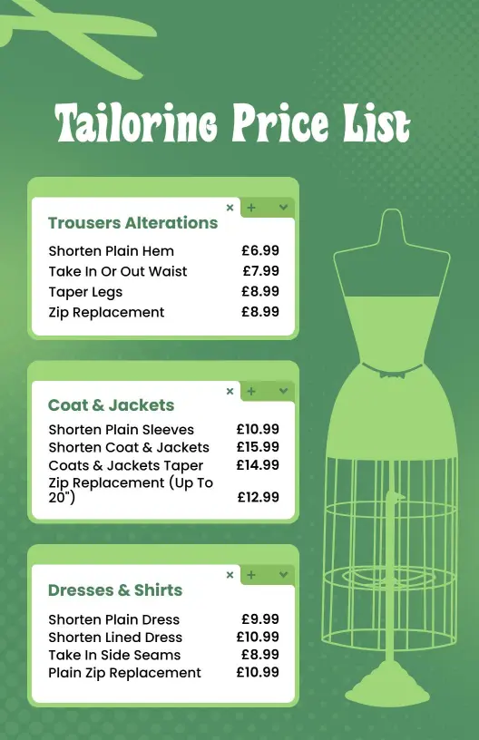 Artistic Tailoring Services Price List Template