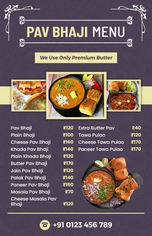 Artistic Violet Pav Bhaji Selection Menu Template