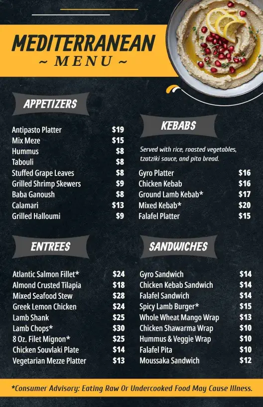 Artistic Yellow and Black Mediterranean Dining Menu Template