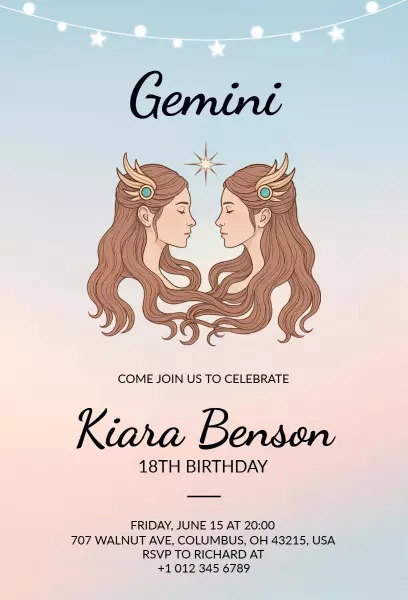 Astrological Gemini Themed 18th Birthday Celebration Invitation Template