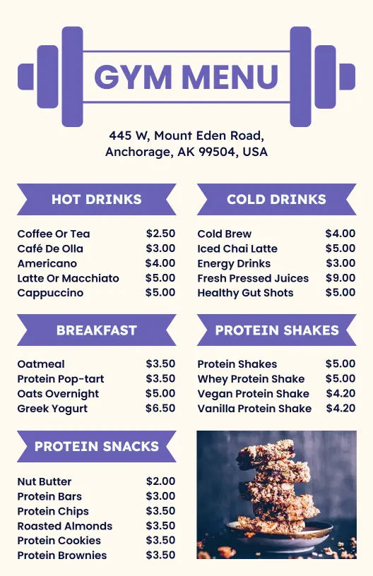Athletic Purple Gym Breakfast and Shake Menu Template