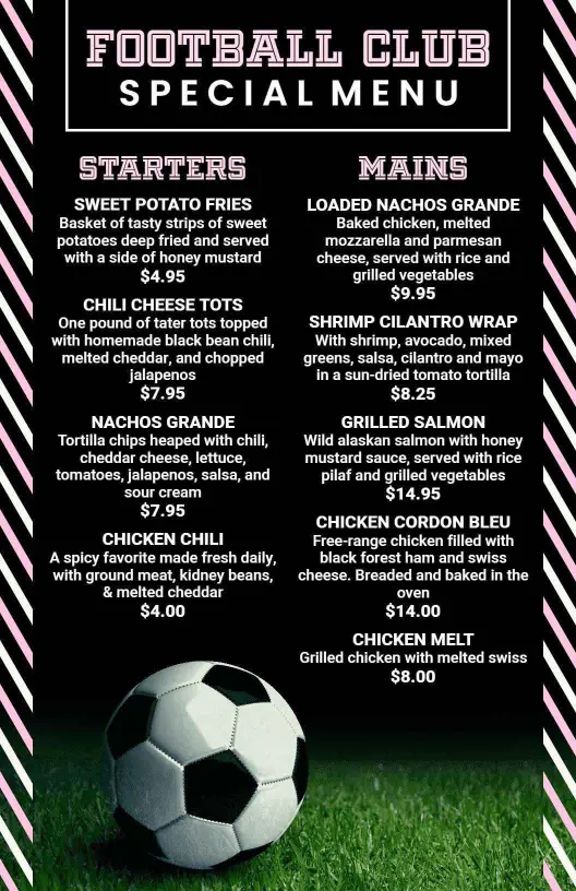 Athletic Striped Design Football Club Menu Template