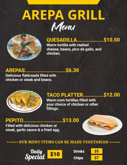 Authentic Arepa Grill Featuring Quesadillas and Tacos Food Menu Template