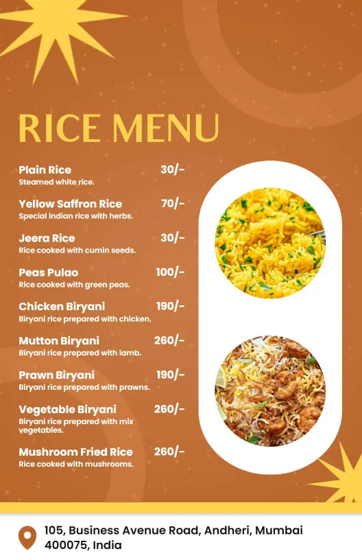Authentic Biryani and Flavorful Rice Dishes Rice Menu Template