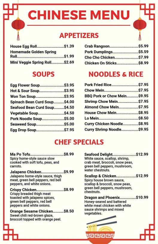 Authentic Chinese Appetizers and Noodle Dishes Featuring Variety Chinese Menu Template