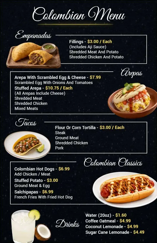 Authentic Colombian Classics Featuring Arepas and Empanadas Menu Template