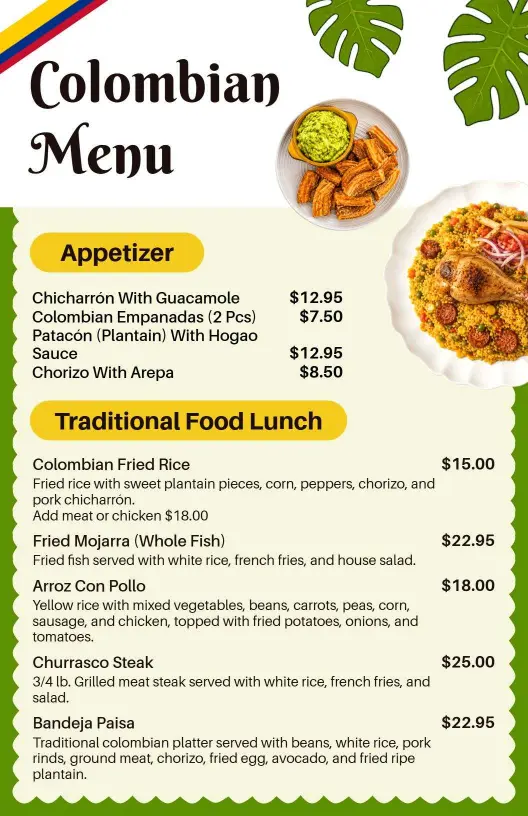 Authentic Colombian Dishes Featuring Arepas and Chicharrón Menu Template