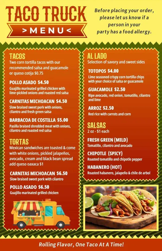 Authentic Corn Tortilla Tacos with Flavorful Salsas Menu Template