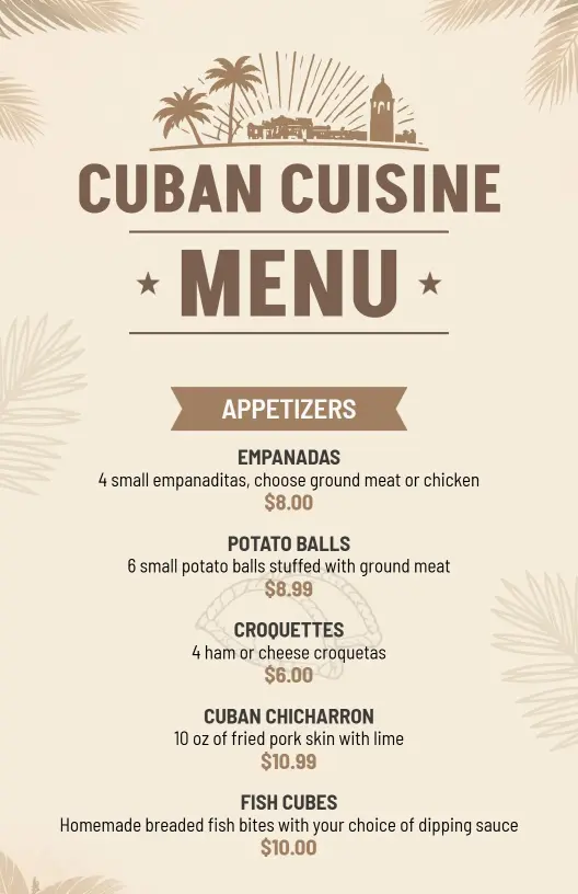 Authentic Cuban Dishes Featuring Empanadas and Pork Menu Template