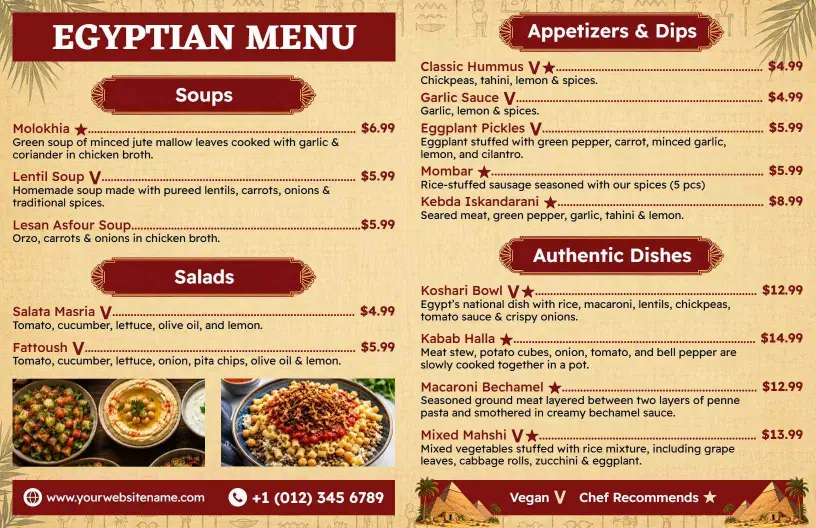 Authentic Egyptian Dishes with Flavorful Appetizers Egyptian Menu Template