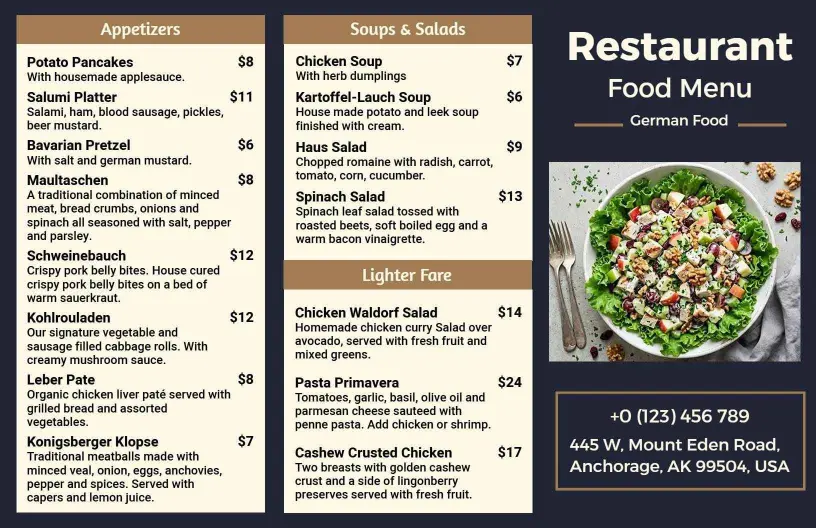 Authentic German Entrees and Delicious Appetizers Tri Fold Menu Template