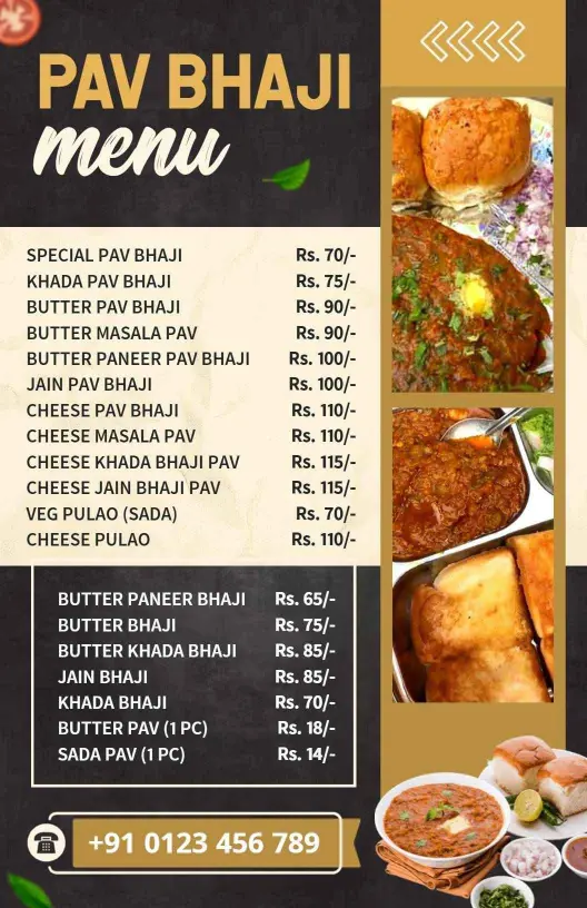 Authentic Indian Cuisine Pav Bhaji Offerings Menu Template