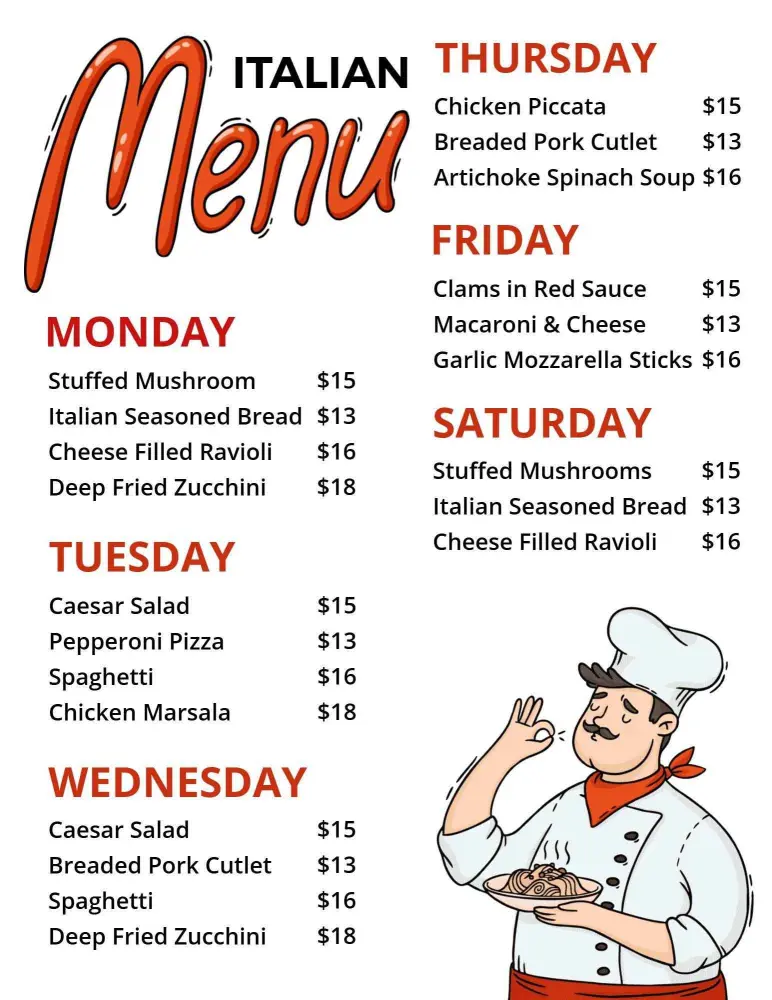 Authentic Italian Dishes Weekly Menu Template