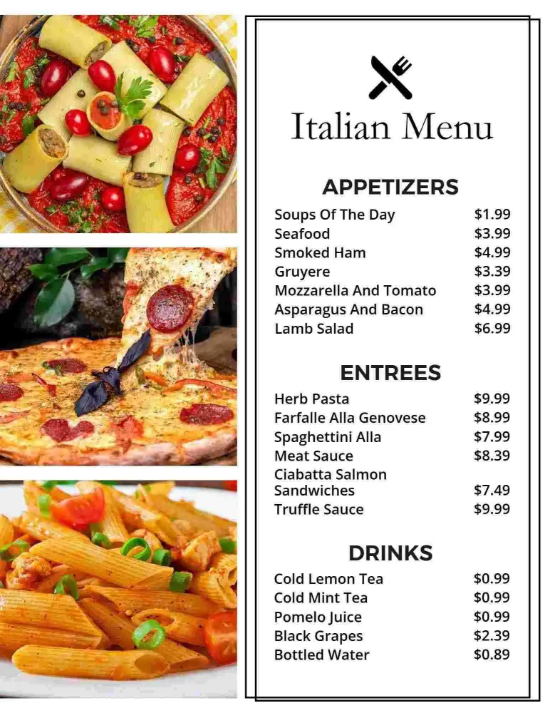 Authentic Italian Flavors with Entrees and Cold Drinks Menu Template