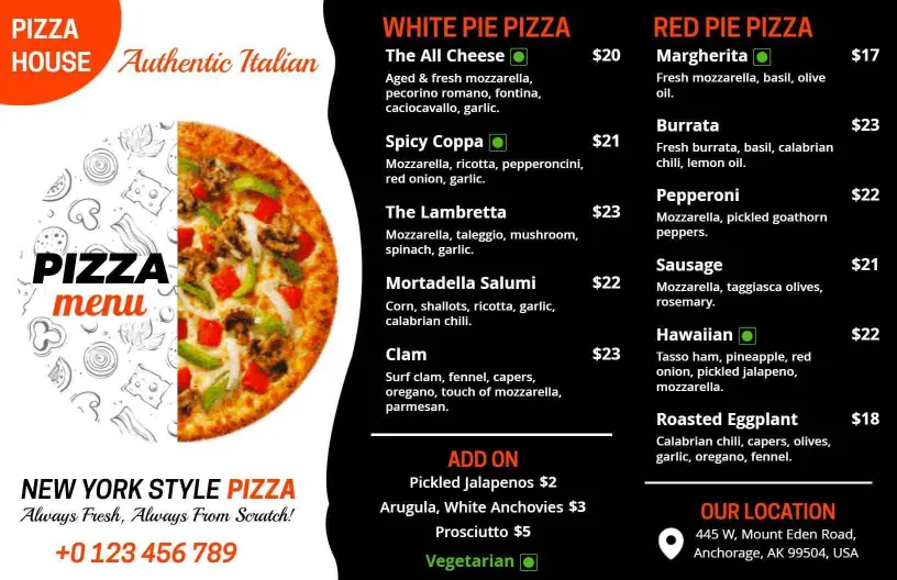 Authentic Italian Pizza Varieties and Classic Favorites Pizza Menu Template
