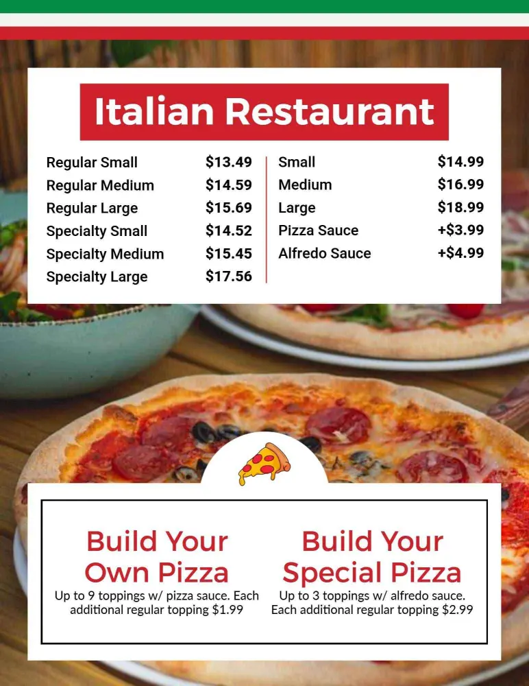 Authentic Italian Restaurant Pizza Offerings Menu Template