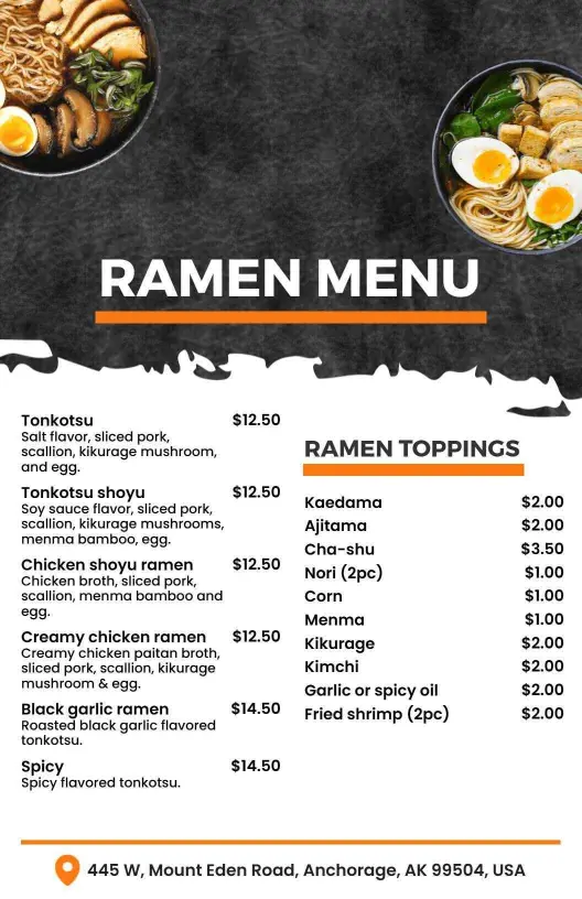 Authentic Japanese Ramen with Variety of Toppings Menu Template