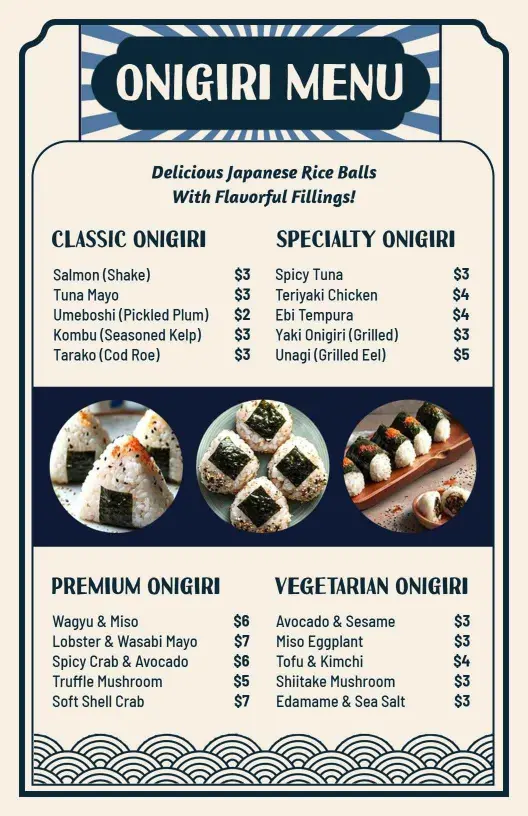 Authentic Japanese Rice Balls with Varied Fillings Japanese Cuisine Menu Template