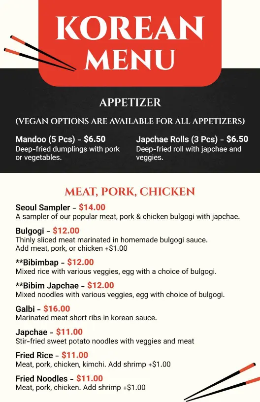 Authentic Korean Dishes Featuring Bulgogi and Bibimbap Menu Template