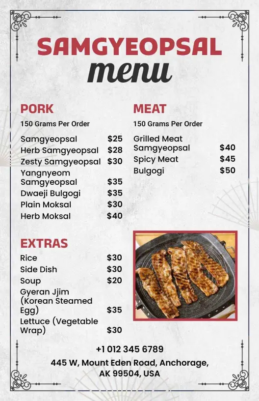 Authentic Korean Grilled Pork Delights Samgyeopsal Menu Template