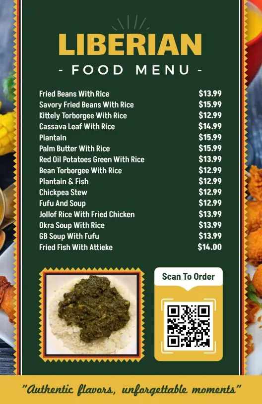 Authentic Liberian Dishes Featuring Plantains and Rice Food Menu Template
