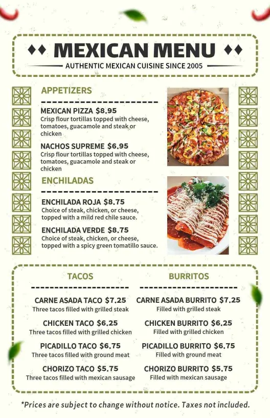 Authentic Mexican Theme with Tacos and Burritos Menu Template