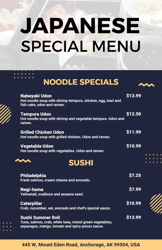 Authentic Noodle and Sushi Selection Featuring Fresh Flavors Japanese Cuisine Menu Template