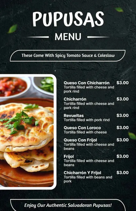 Authentic Salvadoran Cheese and Bean Options Pupusas Menu Template