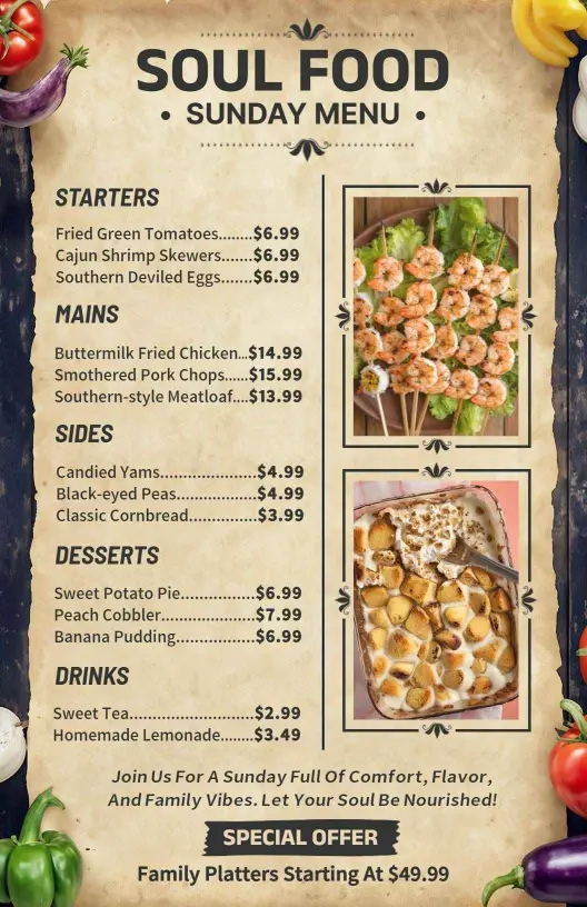 Authentic Southern Cuisine and Delightful Drinks Soul Food Menu Template