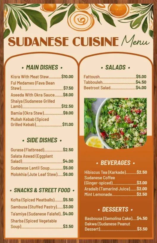 Authentic Sudanese Dishes with Fresh Salads Restaurant Menu Template