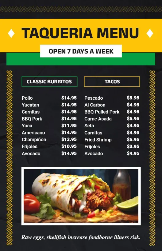 Authentic Taco Varieties and Burrito Options Taqueria Menu Template
