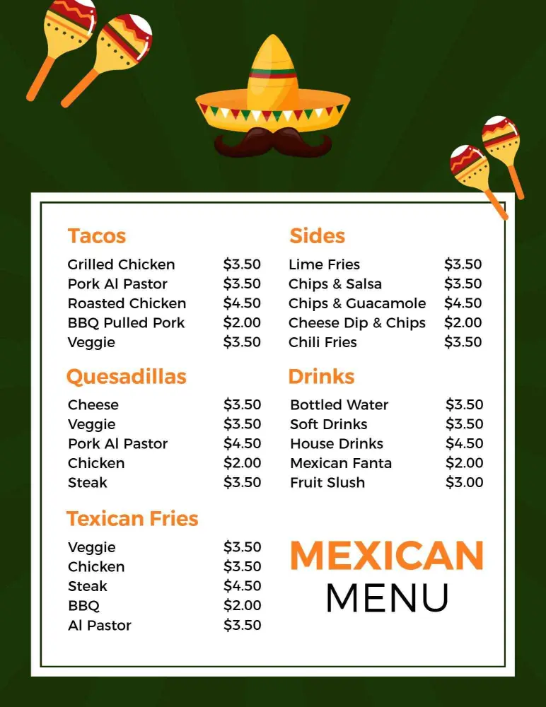 Authentic Tacos and Quesadillas with Flavorful Sides Mexican Menu Template