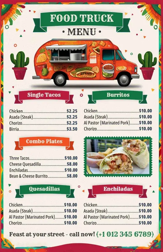 Authentic Tacos, Burritos, and Quesadillas from Food Truck Menu Template