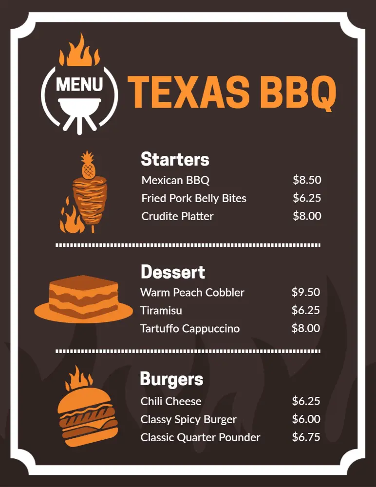 Authentic Texas BBQ Starters and Delectable Desserts BBQ Menu Template