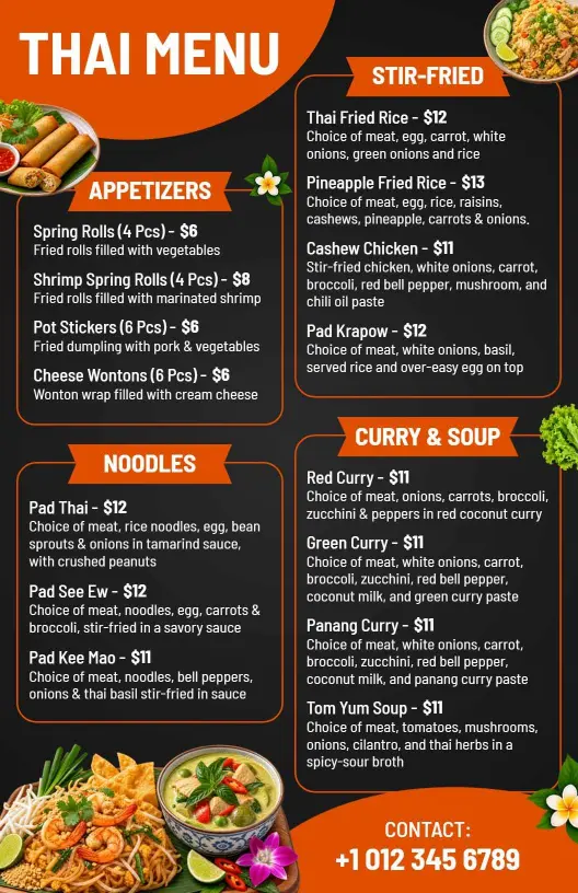 Authentic Thai Curries and Stir-Fried Delicacies Thai Menu Template