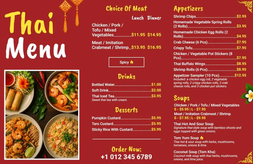 Authentic Thai Curry and Noodle Dishes with Spicy Stir-Fries Menu Template