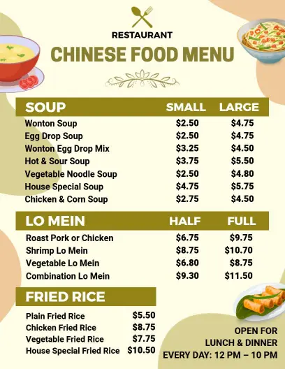 Authentic Wonton and Lo Mein Dishes Featuring Specialties Chinese Menu Template