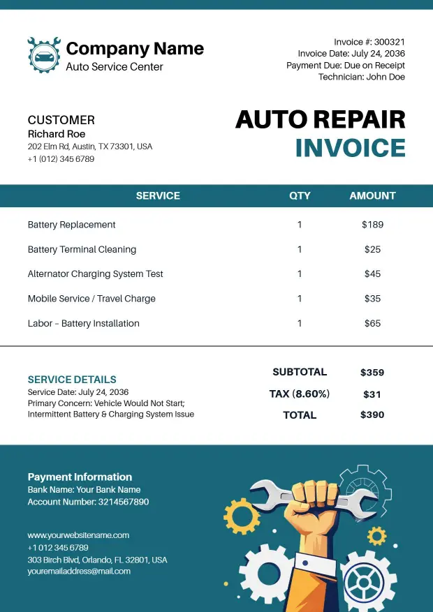 Auto Repair Service and Labor Cost Invoice Template