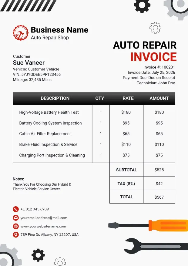 Auto Repair Service and Parts Invoice Template