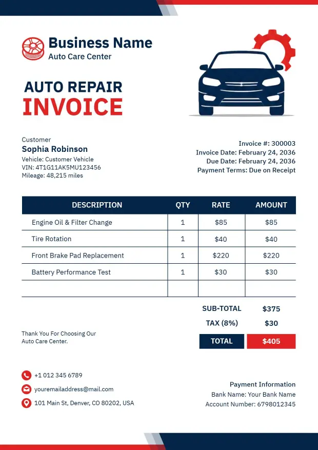 Auto Repair Service Billing with Charges Invoice Template