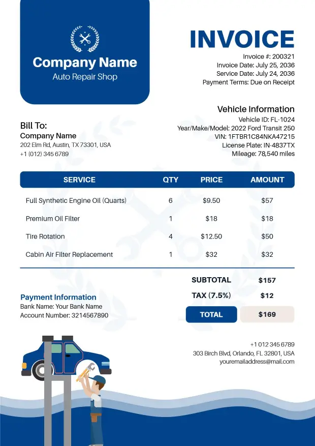 Auto Repair Services and Parts Billing Invoice Template