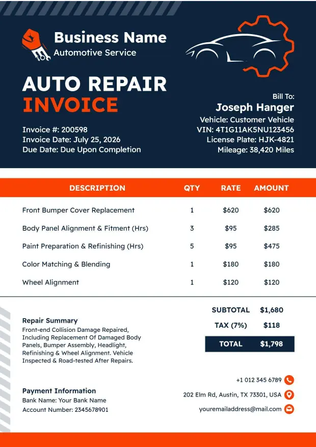 Auto Repair Services with Charges Invoice Template