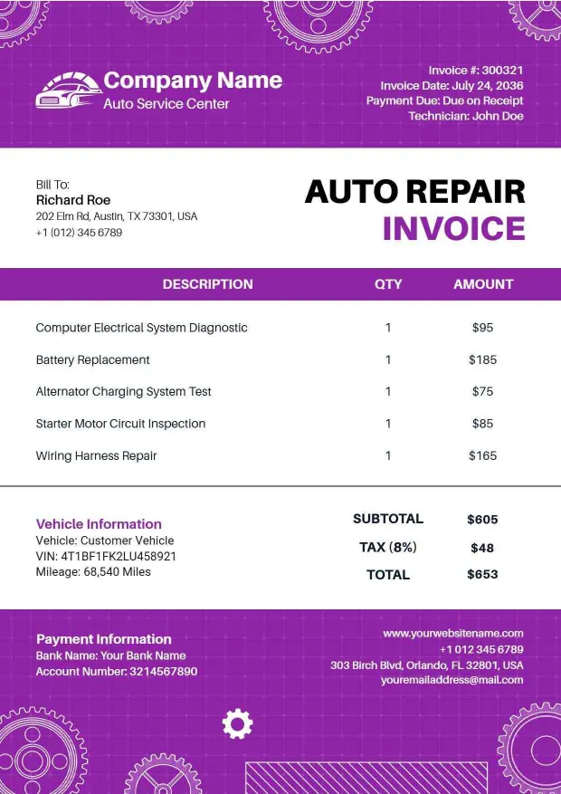 Auto Service and Repair Costs Invoice Template