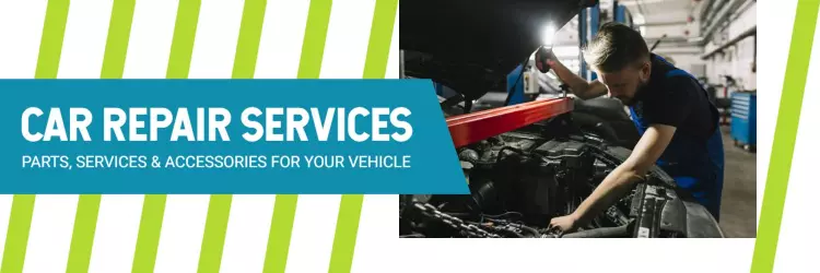 Automotive Mechanic Working on Engine with Green Accents Banner Template