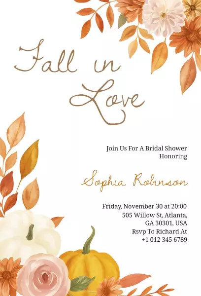 Autumn Floral Fall in Love Bridal Shower Invitation Template