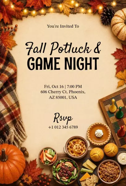 Autumn Harvest Potluck Cozy Game Night Invitation Template