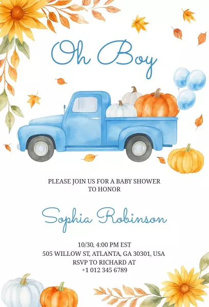 Autumn Pumpkin Blue Truck Boy Baby Shower Invitation Template