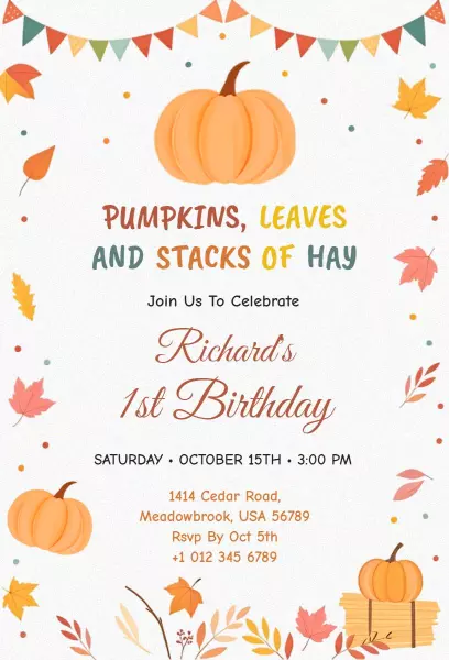 Autumn Pumpkin Leaves 1st Birthday Celebration Invitation Template